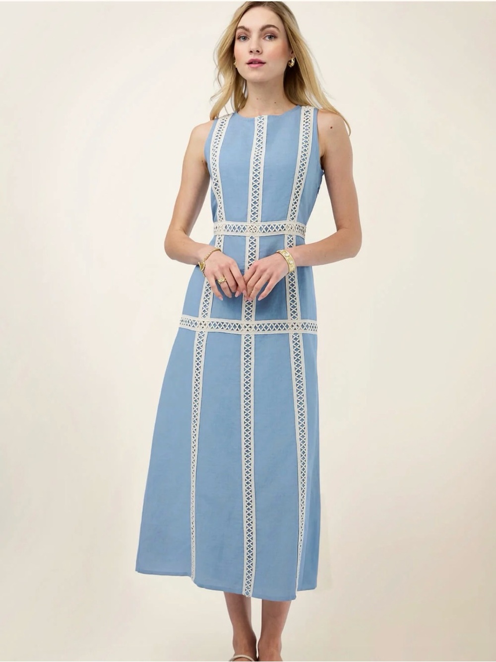 Spartina 449 Light Blue Midi Dress with White Lace Insets Lakeside Blue